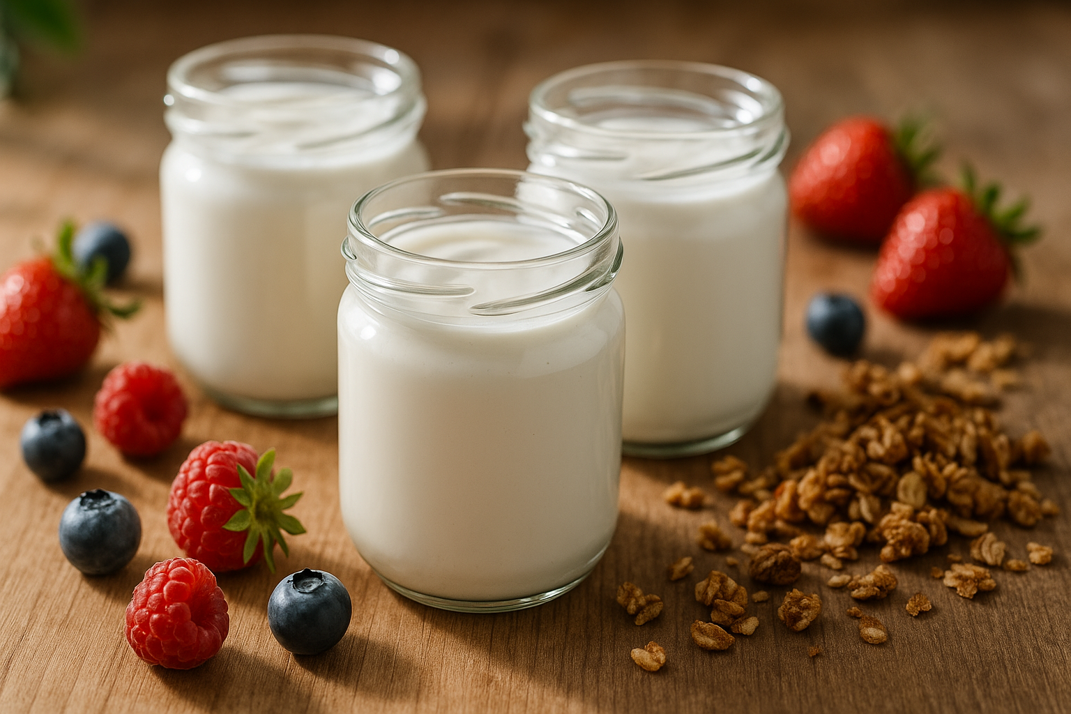 Pots en verre de yaourts maison nature posés sur un plan de travail en bois avec fruits rouges et granola