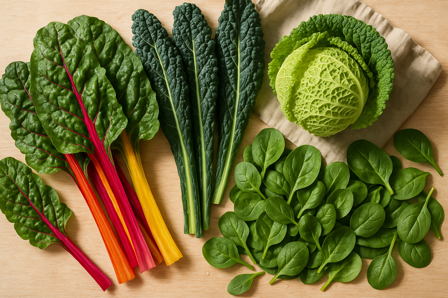 Assortiment de légumes-feuilles frais sur une table en bois : blettes colorées, kale, épinards et chou frisé