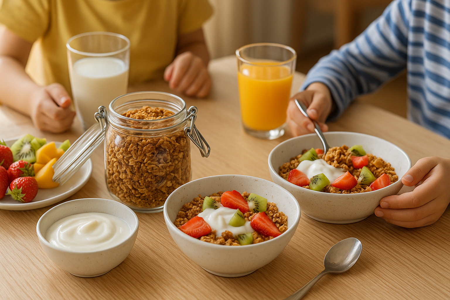 Table de petit-déjeuner familial avec granola maison, yaourt et fruits frais