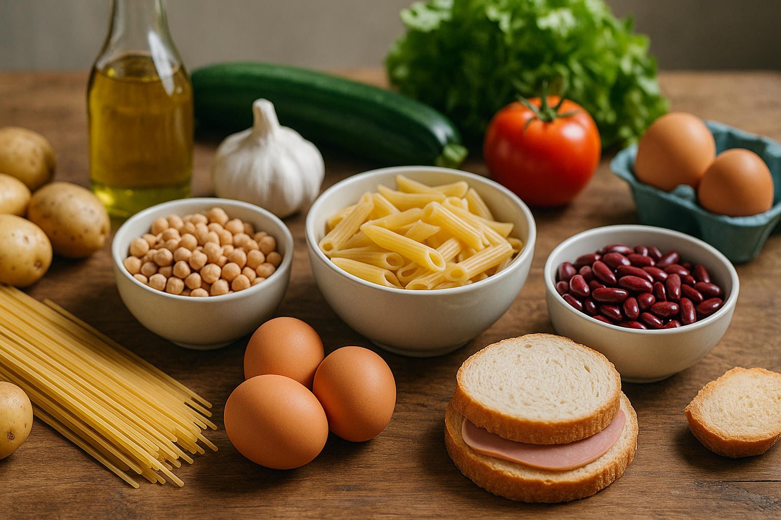 Ingrédients simples et économiques sur une table en bois pour cuisiner étudiant à petit budget