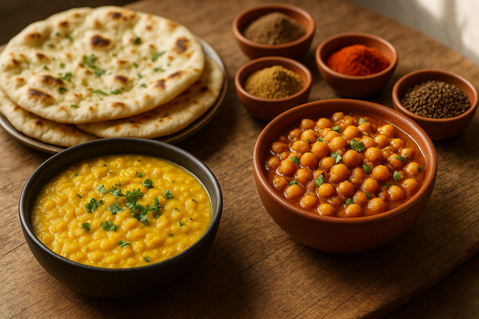 Table indienne végétarienne avec dhal jaune, curry de pois chiches, naans et bols d'épices