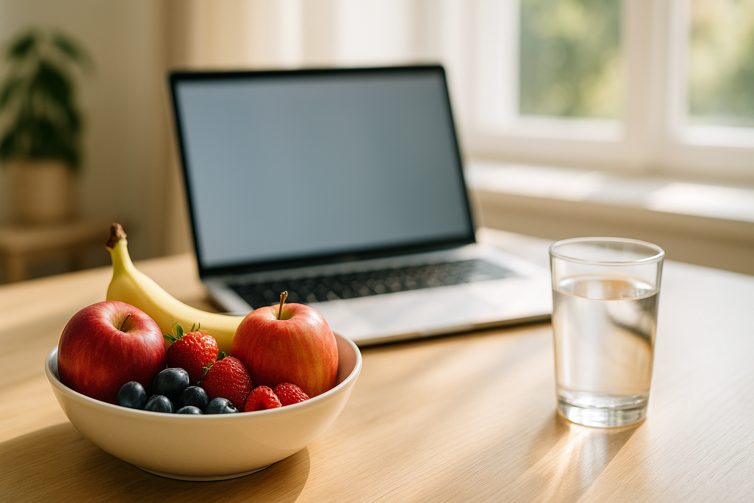 Bureau à domicile avec ordinateur portable, bol de fruits frais et verre d'eau, lumière naturelle