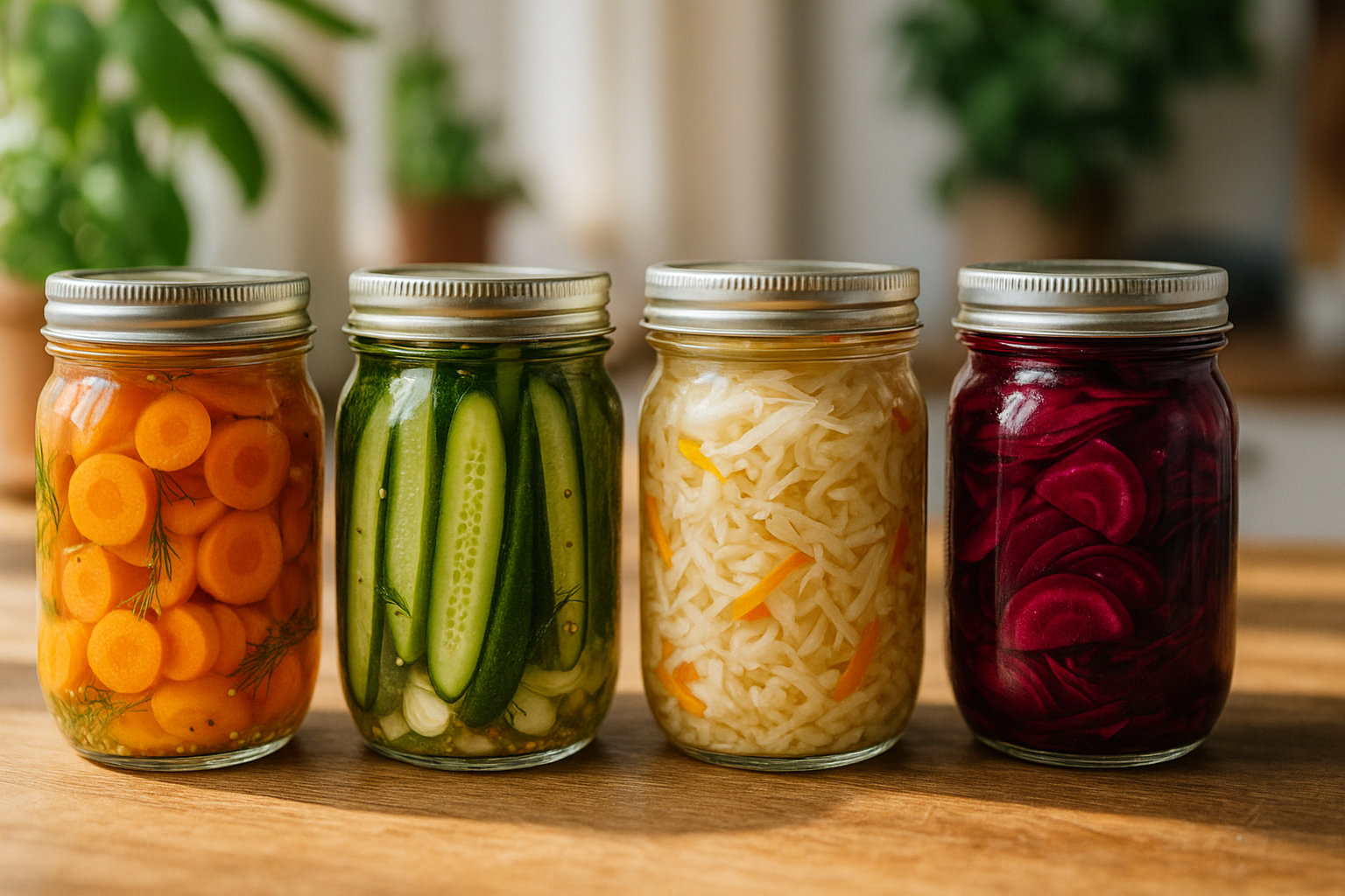 Bocaux en verre de pickles maison lactofermentés colorés sur un plan de travail en bois
