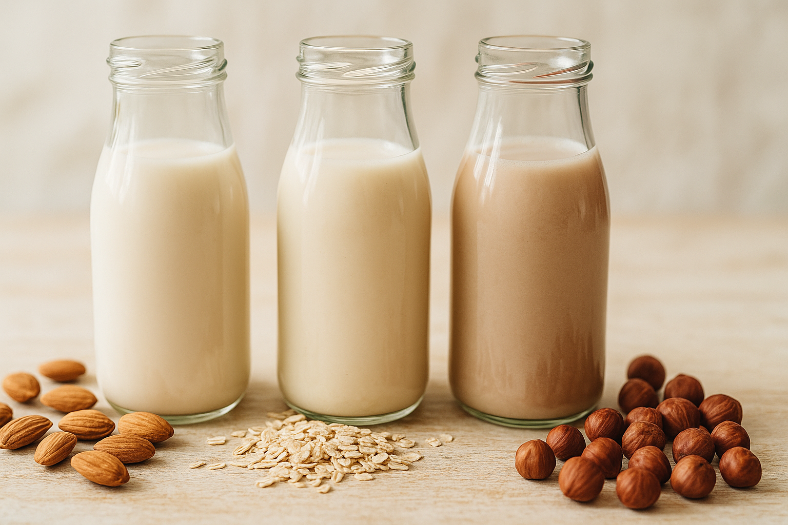 Trois bouteilles en verre de laits végétaux maison entourées d'amandes, de flocons d'avoine et de noisettes
