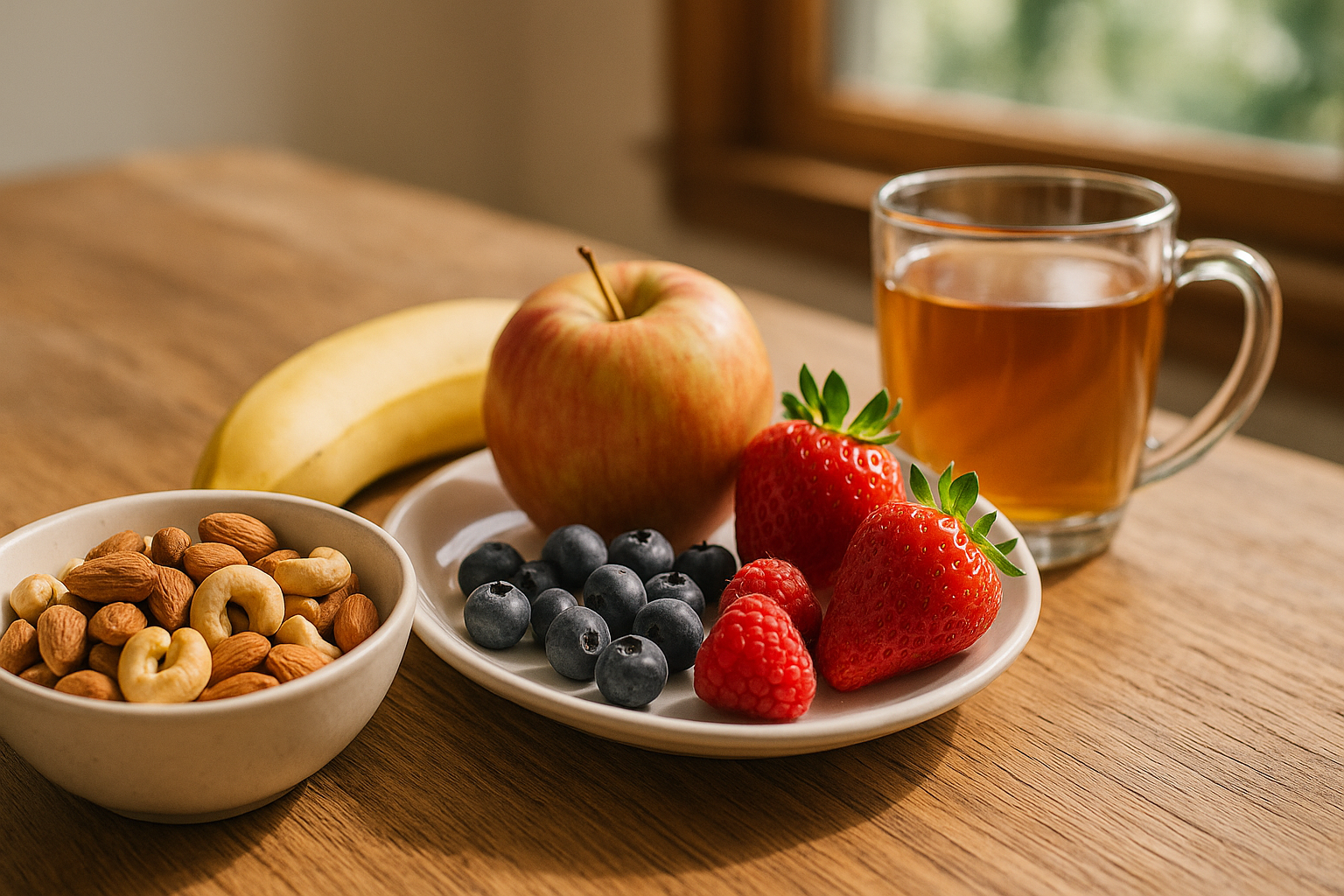 Table en bois avec bol d'oléagineux, fruits frais et tisane pour une collation saine l'après-midi