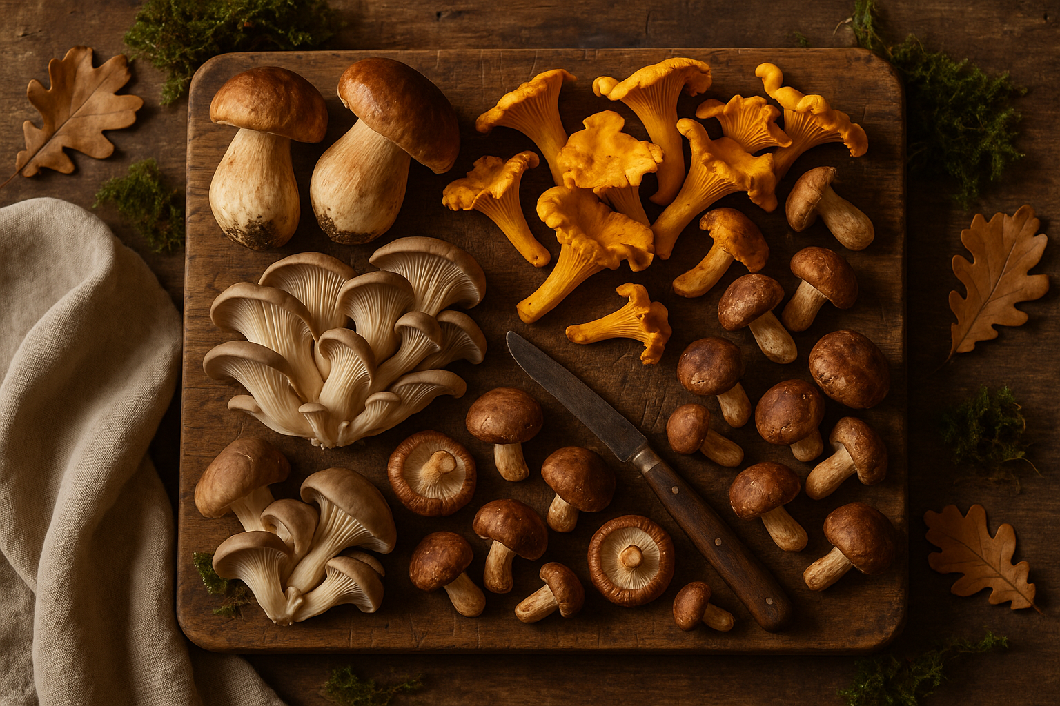 Assortiment de champignons de saison frais sur une planche en bois : cèpes, girolles, pleurotes et shiitakés
