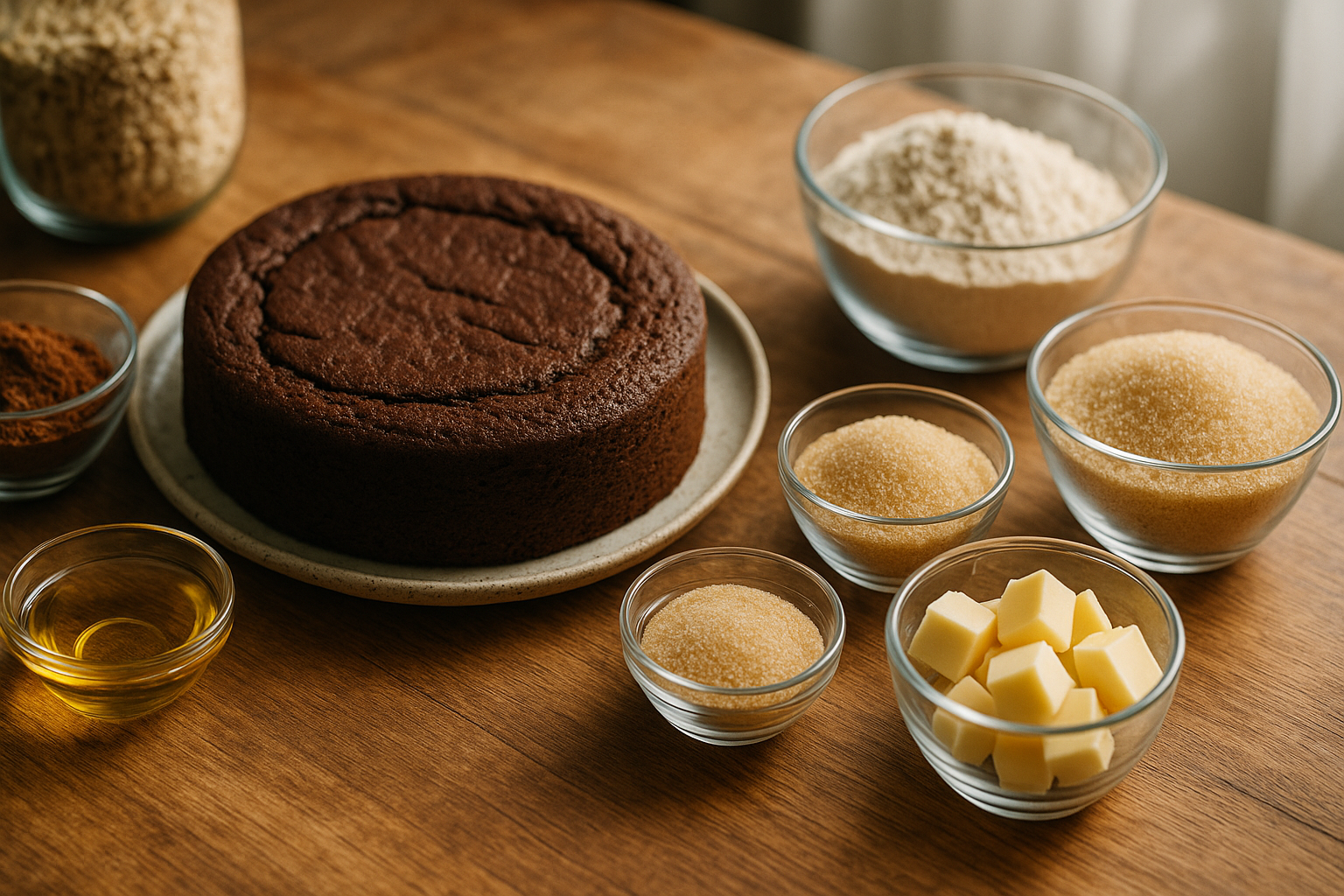 Ingrédients de pâtisserie végane sur une table en bois avec un gâteau au chocolat