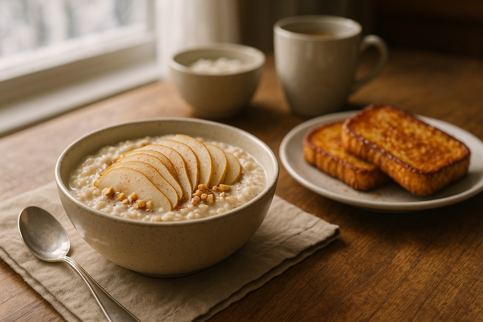Bol de porridge crémeux aux poires et pain perdu doré sur une table en bois par un matin d'hiver