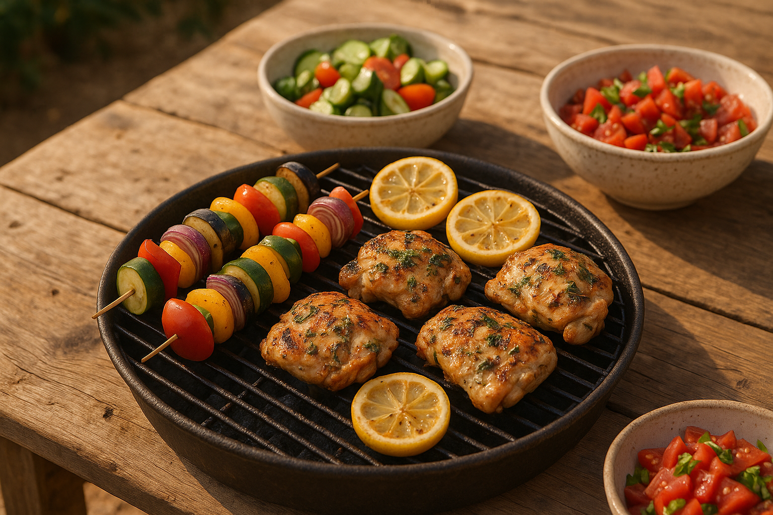 Table de barbecue estival avec brochettes de légumes grillés, viandes marinées et salades fraîches