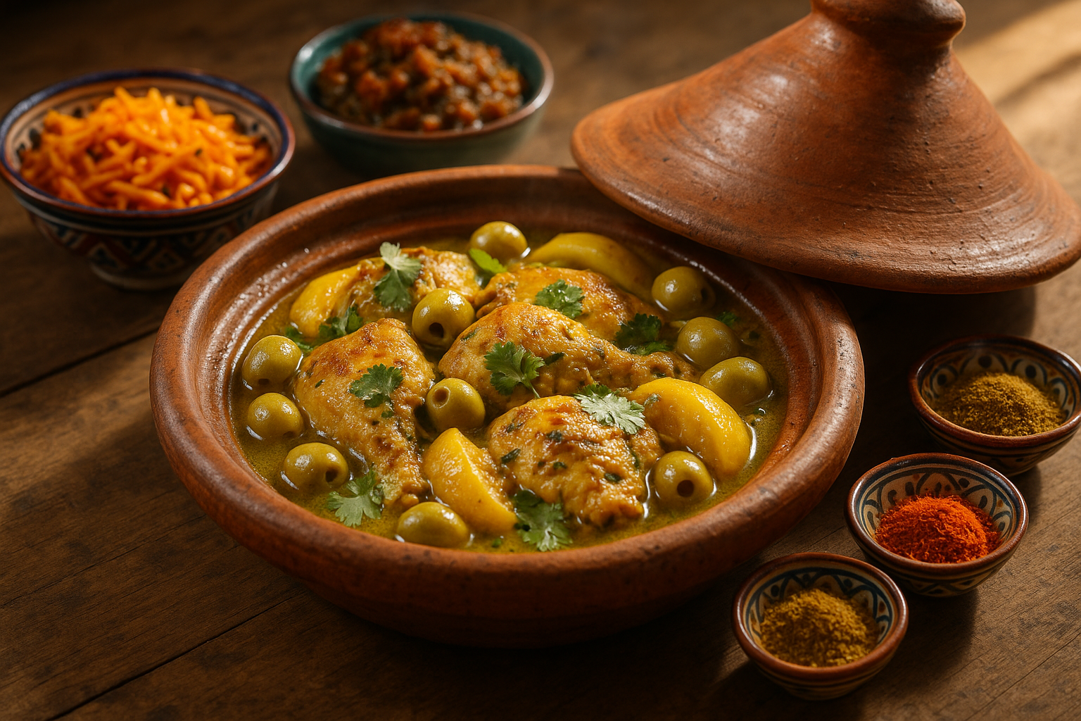 Tajine de poulet aux citrons confits et olives entouré de petites salades marocaines et d'épices