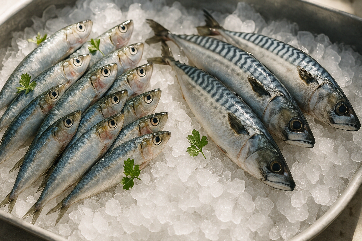 Étal de poissons frais durables sur glace avec sardines et maquereaux