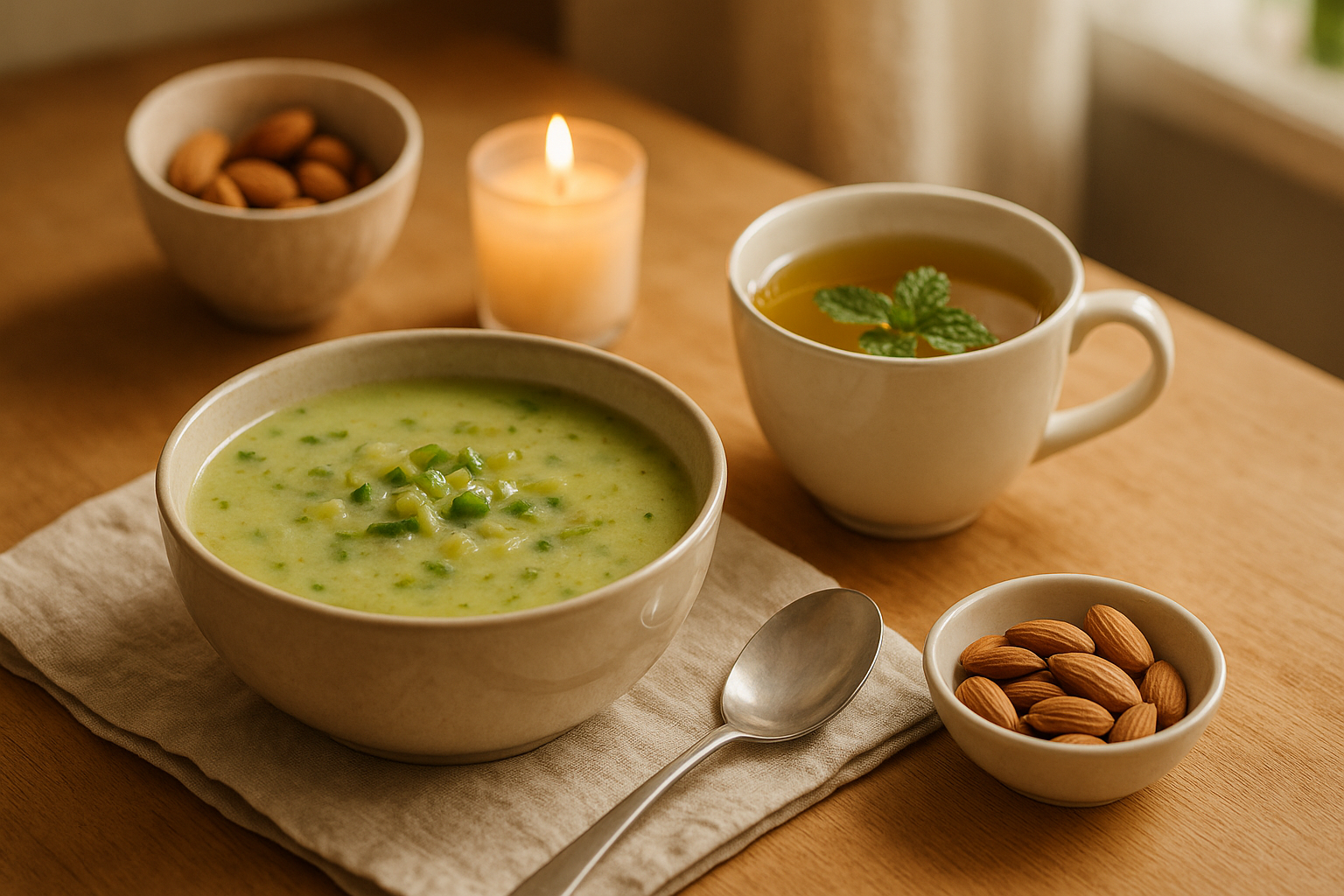 Dîner léger du soir avec soupe, tisane et amandes dans une ambiance chaleureuse