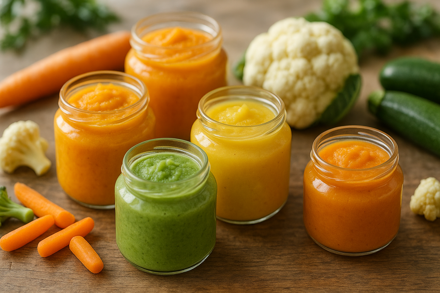 Petits pots de purées maison pour bébé aux légumes colorés sur une table en bois